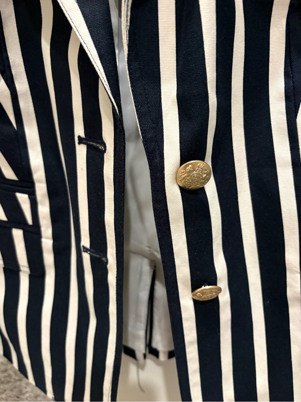 Banana Republic Navy and White Striped Double-Breasted Blazer with Gold Buttons